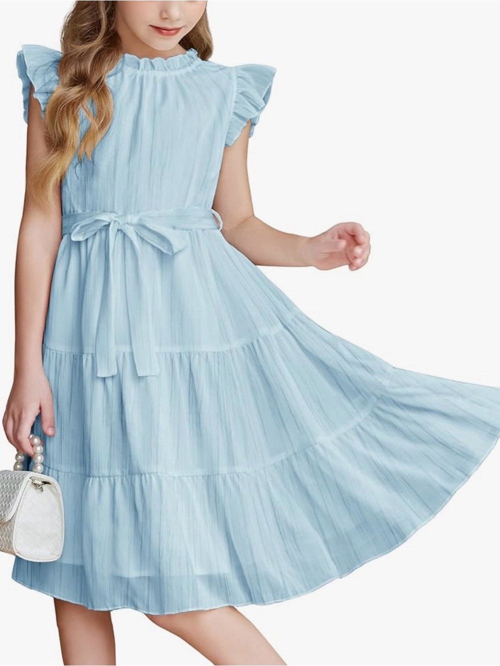 Girls Light Blue Ruffle Sleeve Tiered Dress with Waist Tie, 10-11 yr old XL